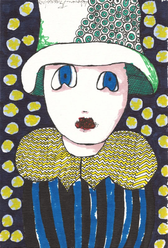 Retrato ilustrado con sombrero blanco y ropa a rayas azules y amarillas, sobre fondo negro con manchas doradas