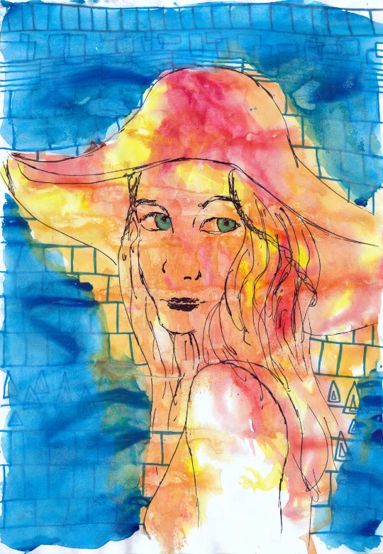 Acuarela de mujer con sombrero de ala ancha en tonos cálidos, ojos verdes, sobre fondo azul con patrón de ladrillos