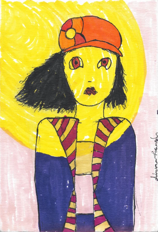 Retrato de figura con gorra roja y cabello negro ante un gran sol amarillo, vestimenta a rayas multicolor